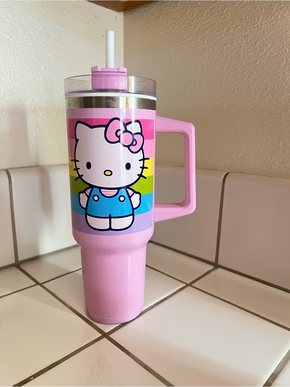 Hello Kitty Pink Rainbow Travel Tumbler with Handle and Straw